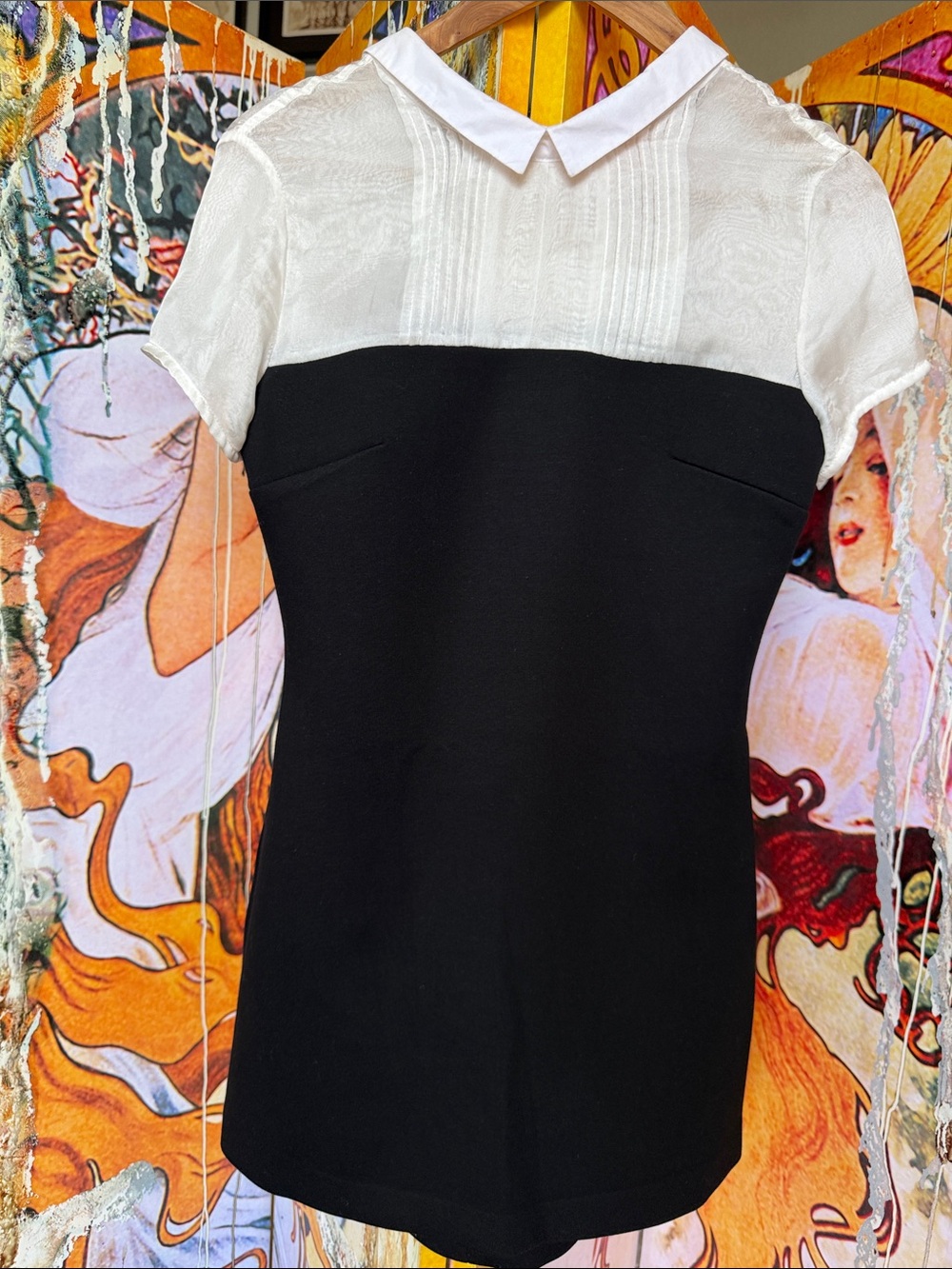 Maje | Black White | Sheer Shirt Top Collar Pencil Dress - Picture 10 of 17